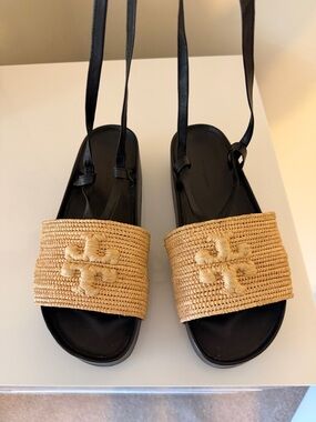 Tory Burch Black Footbed Raffia Slide Sandals with Natural Raffia Strap